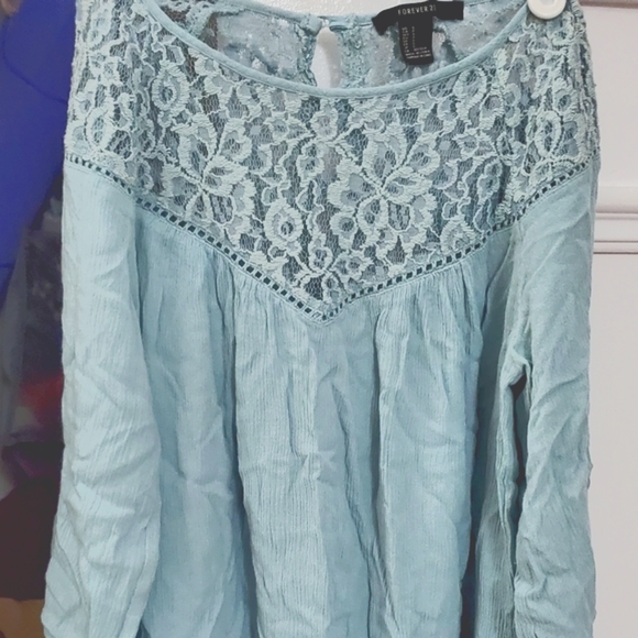XXl- Boho Vintage Style Flowy Lace Top with button down back- Mint Blue - Picture 7 of 12